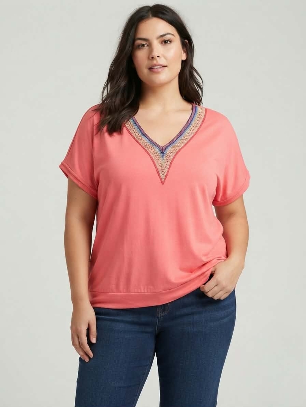​Coral V-Neck Short Sleeve Top Size XL Embroidered Neckline Casual Chic